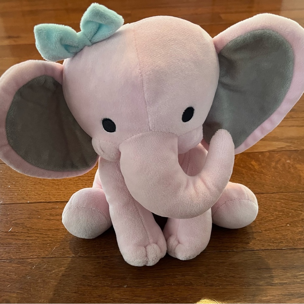 Pink Elephant Plush Toy with Teal Blue Bow